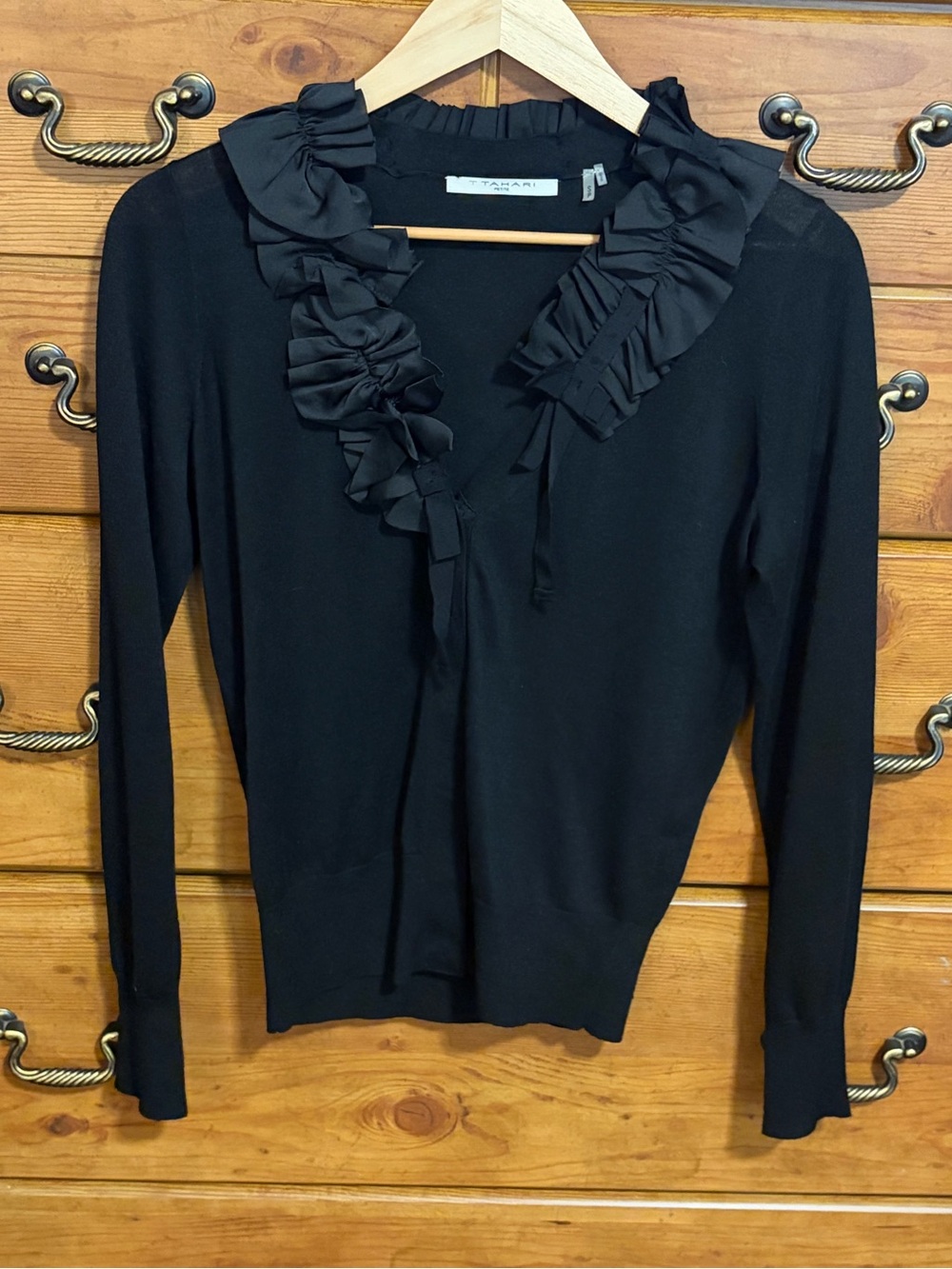 T Tahari Black Ruffle-Trim Long Sleeve Top
